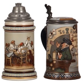 Mettlach steins (two), .5L, 1146; with, .5L, 2090, by H. Schlitt