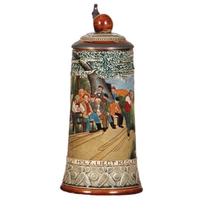 Pottery stein, by J.P. Thewalt, bowling scene