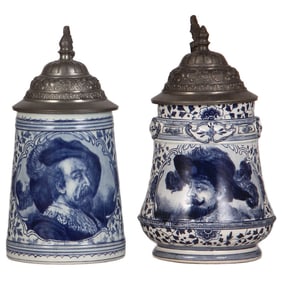 Pottery steins (two), both marked Royal Bonn Delft