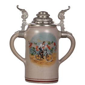 Stoneware stein, 2.0L, 12.5" ht.,  bicycle rider, double pewter lid