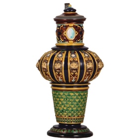 Pottery stein, 2.0L,  marked Wilhelm Schiller, majolica glaze