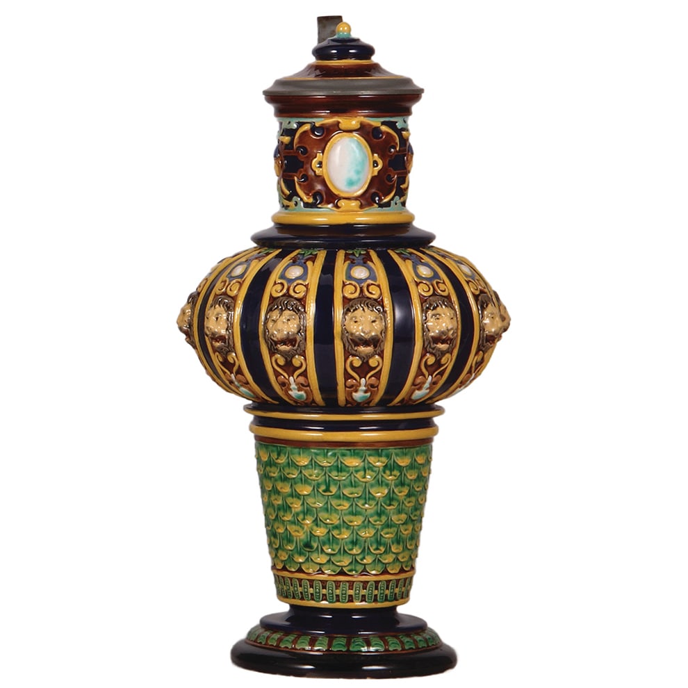 Pottery stein, 2.0L,  marked Wilhelm Schiller, majolica glaze  (1 of 4)