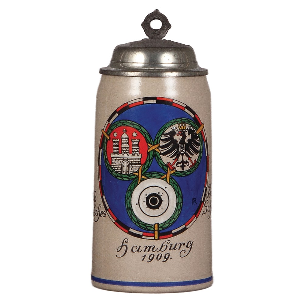 Stoneware stein, 1.0L,  XVI. Deutsches Bundesschiessen, Hamburg, 1909  (1 of 4)