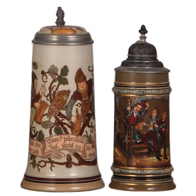 Stoneware & pottery steins, both etched