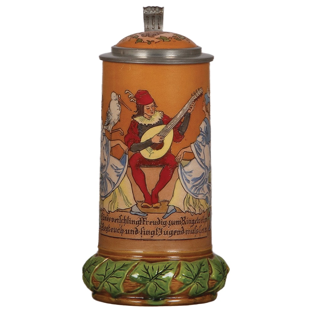 Pottery stein, .5L, etched, by Hauber & Reuther : Pottery stein, .5L, etched, marked HR 528, by Hauber & Reuther, inlaid lid, mint.