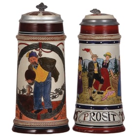 Stoneware steins (two), 1.0L, and .5L, etched, by Matthias Girmscheid