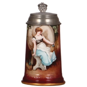 Porcelain stein, .5L, Limoges France, woman with wine