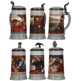 Mettlach steins set (six), .5L, 2833A to 2833F