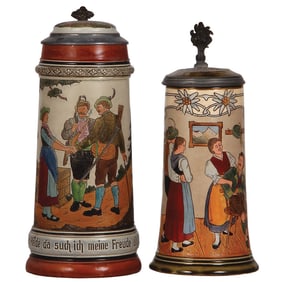 Two steins, 1.0L, stoneware, and pottery