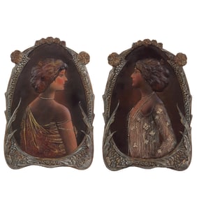 Pair Terra Cotta plaques, 12.2" x 8.5" Bernard Bloch, Art Nouveau