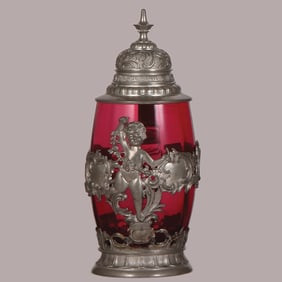 Glass stein, .5L, blown, cranberry, overlay with cherub
