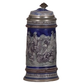 Stoneware stein, .5L,  Jung gebe ich ein Köstlich Gericht, inlaid lid with a bird