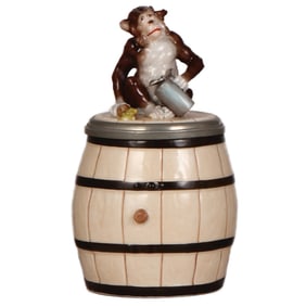 Character stein, .5L, porcelain, Barrel with Monkey finial
