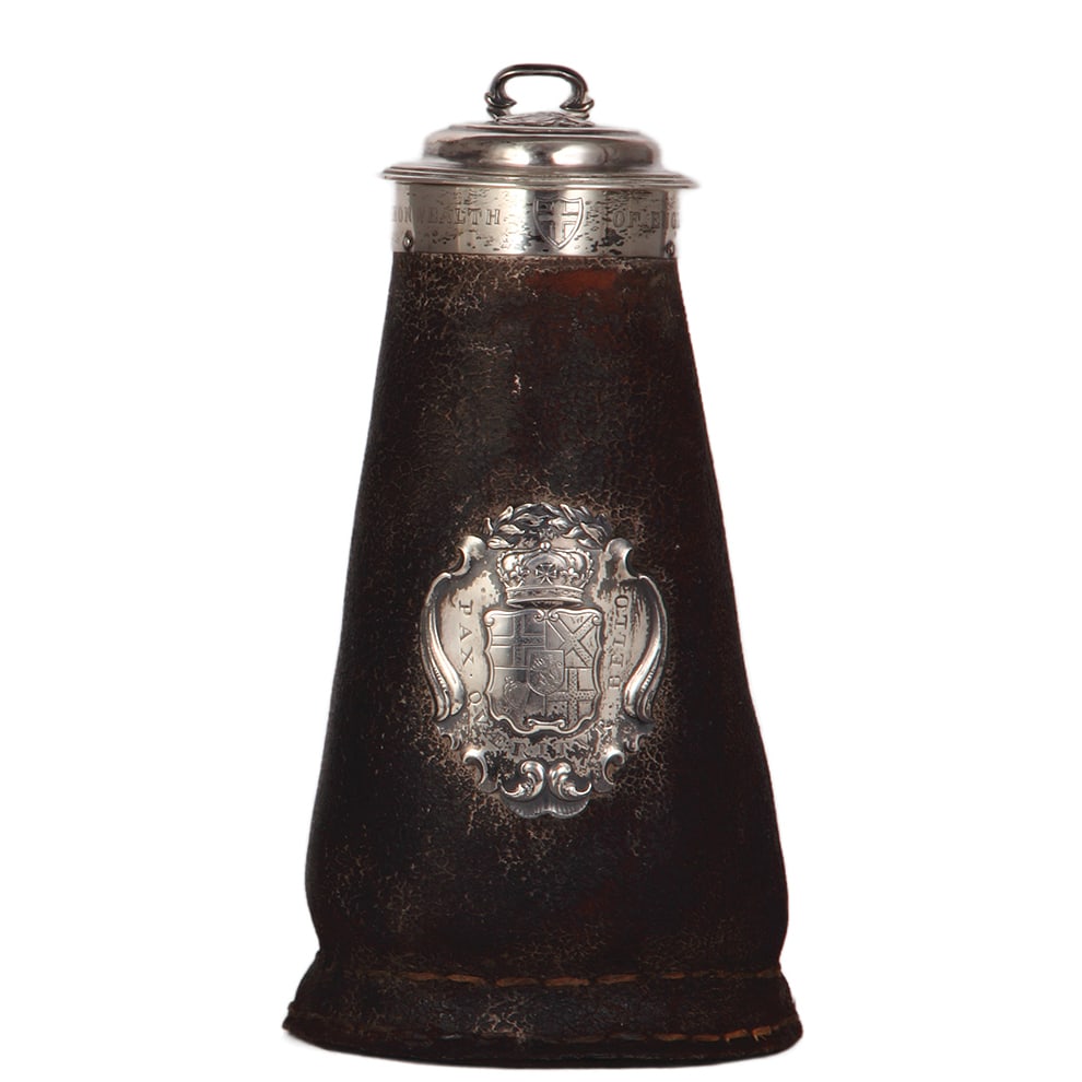 Blackjack tankard, 11.5" ht., British, leather and silver : Blackjack tankard, 11.5" ht., British, leather and silver, probably made in the 1800s, lid dated 1656, normal wear, looks very good.