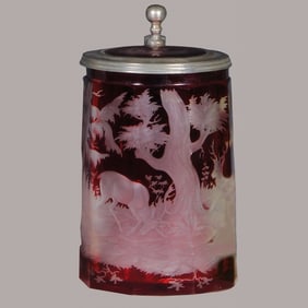 Glass stein, .75L, blown, copper wheel-engraved, two stags