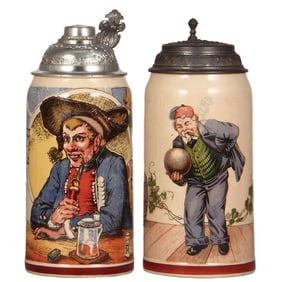 Mettlach steins, two, 1.0L, 1074[1526], PUG; with, 1.0L, 1212[1526], PUG 