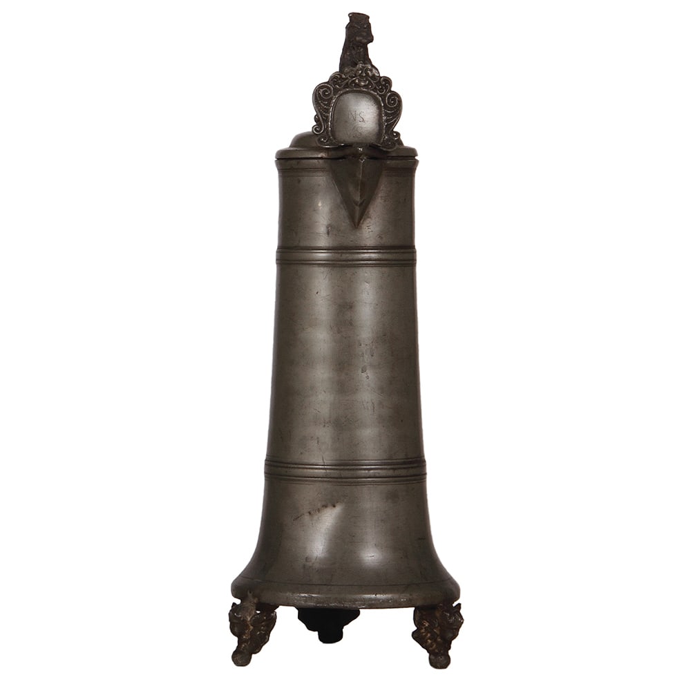 Pewter flagon, 17.7" ht., c.1880 : Pewter flagon, 17.7" ht., c.1880, replaced finial, minor dents.