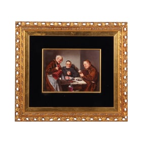 Porcelain plaque, 9.1"  x 7.1",  Eduard v. Grützner scene