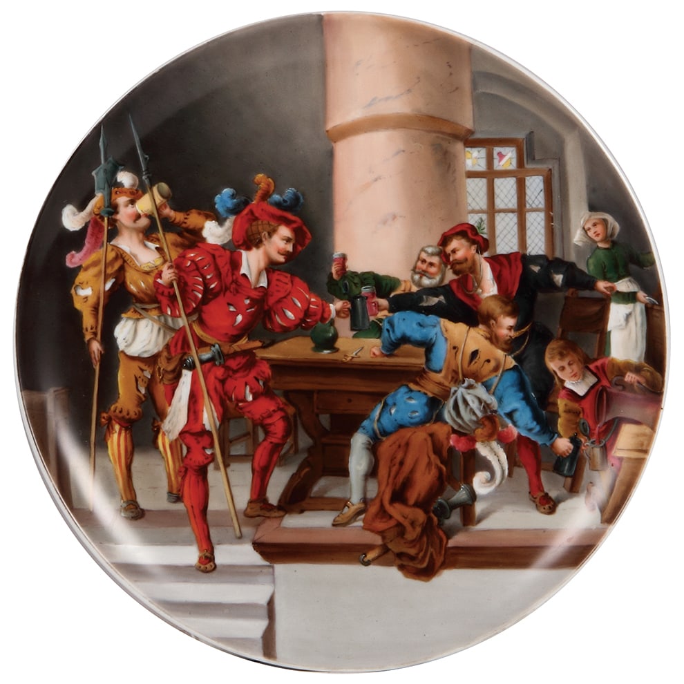 Porcelain tray or plaque, 13.8" d.,  Landsknecht in Wirtshaus  (1 of 1)