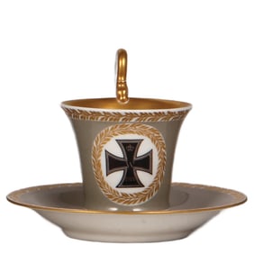 Porcelain cup & saucer, 4.6" ht., marked K.P.M., decoration: Iron Cross 1914
