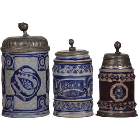 Stoneware steins (three), 7.8" ht. to 9.5" ht., Westerwälder Birnkrug