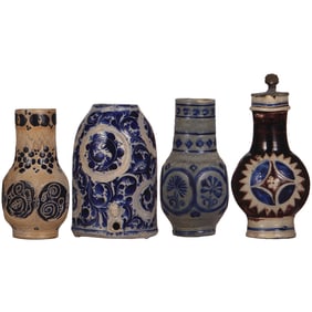 Stoneware steins (four), 8.7" ht. to 11.1" ht., Westerwald, late 1600s to mid 1700s