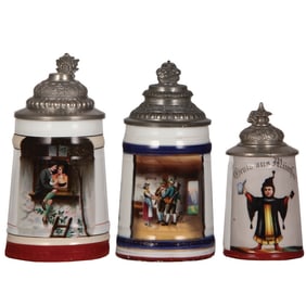 Porcelain steins, three, .5L, all are transfer & hand-painted