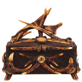 Black Forest wooden box with antler, early 1900s