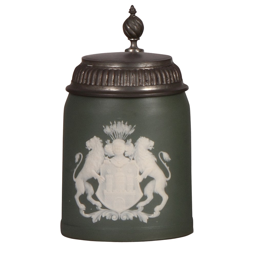 Mettlach stein, .5L, 3035 : Mettlach stein, .5L, 3035, cameo, Hamburg coat-of-arms, pewter lid, mint.