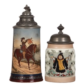 Pottery & porcelain steins (two), .5L, etched