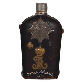 Regimental flask, .25L, glass & leather, 1892