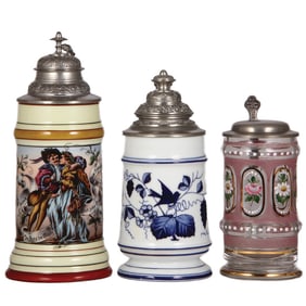 Porcelain steins, two, .5L, with, glass .3L,