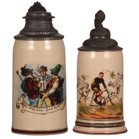 Pottery steins, two, .5L, second with bicycle