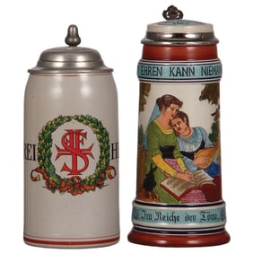 Stoneware steins, two, 1.0L & .5L