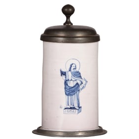 Faience stein, 9.6'' ht., mid 1700s, Hanauer or Nürnberger Walzenkrug