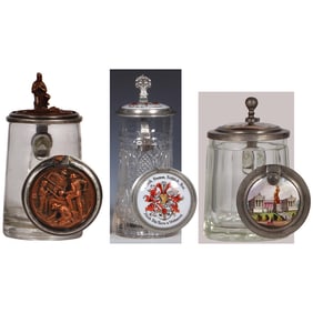 Glass steins (three), .5L,  inlaid copper lid