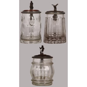 Glass steins (three), .5L,  inlaid copper lids
