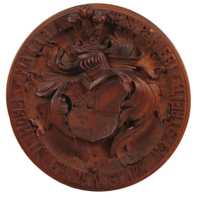 Wood carved, Black Forest student plaque, 11.5" d.