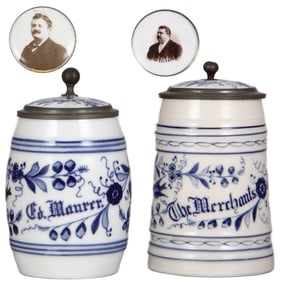 Porcelain steins (two), .5L,  Ed Maurer, The Merchants