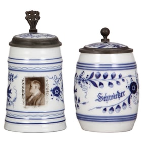 Porcelain steins (two), .5L, Chauncey I. Filley, Schweitzer