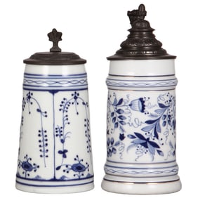 Porcelain steins (two), 1.0L,  floral & onion pattern