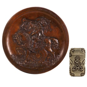 Anheuser Busch bronze plate & match safe, 12.2" d.