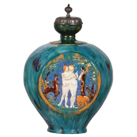 Terra cotta stein, 12.7" ht., Münchener Werkstätten, Adam & Eve