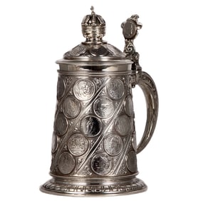 Silver-plated coin tankard, 1.5L, style of thirty-four German coins