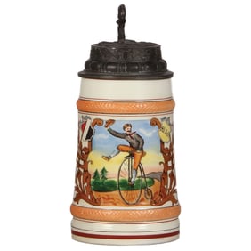 Pottery stein, .5L, high-wheel bicycle
