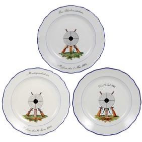 Meissen plates (three), 10.0" d., shooting festivals