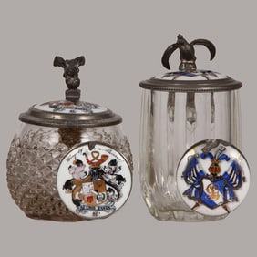 Student steins (two), glass, .3L, porcelain inlaid lids