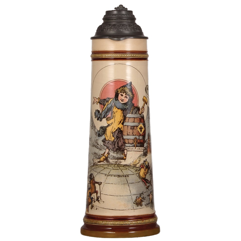 Mettlach stein, 4.2L, 1014(2262): Mettlach stein, 4.2L, 1014(2262), PUG, Munich Child, pewter lid, good base repair with color change to underside.