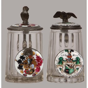 Student steins (two), glass, porcelain inlaid lids