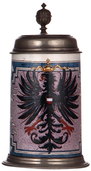Mettlach stein: Mettlach stein, 1.0L, 5023, faience, pewter lid, faint 1'' rim line, minor pewter repair - very good